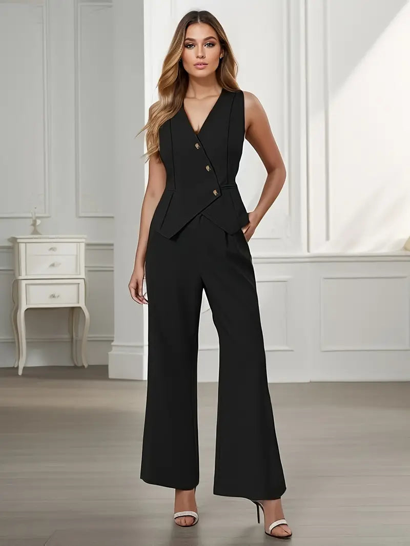 Women's Sleeveless Blazer Top and Wide-Leg Pants Set