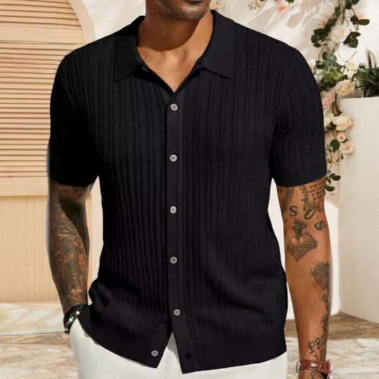 Men's Knit Button-Down Shirt with Soft Ribbed Texture