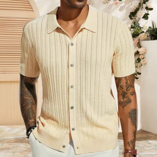Men's Knit Button-Down Shirt with Soft Ribbed Texture