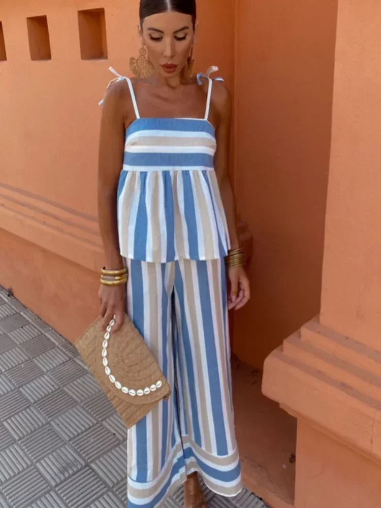 Women's Striped Two-Piece Set with Tie-Strap Top and Wide Pants