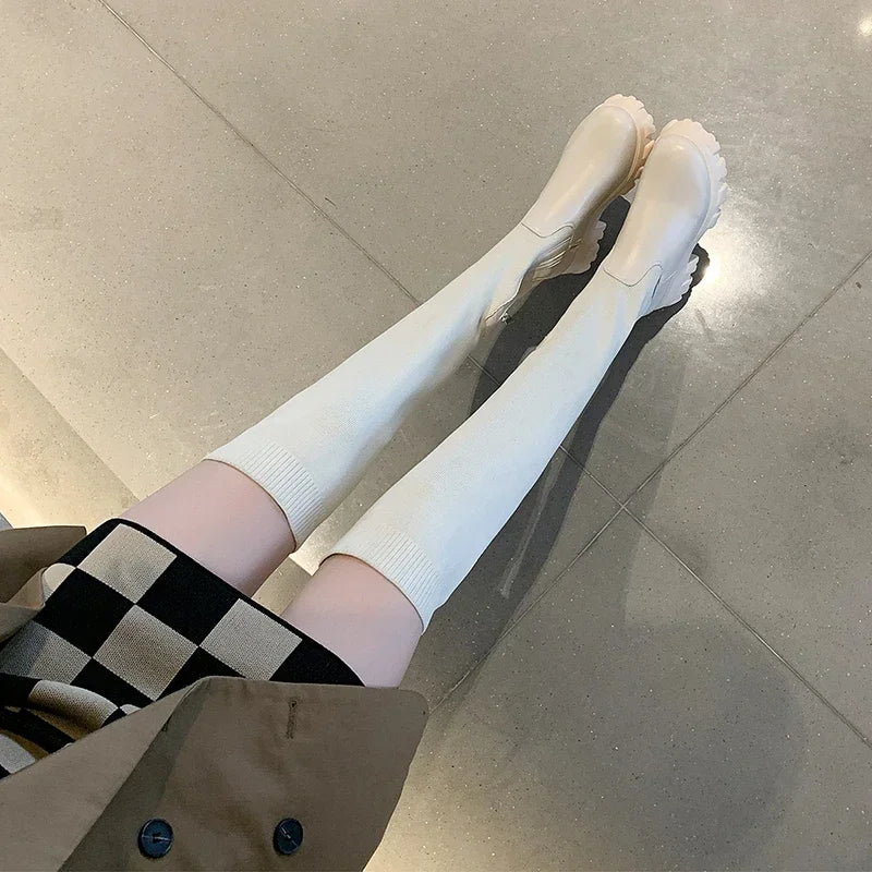 Women's Knee High Boots with Stretch Fit Chunky Lug Sole and Side Zip