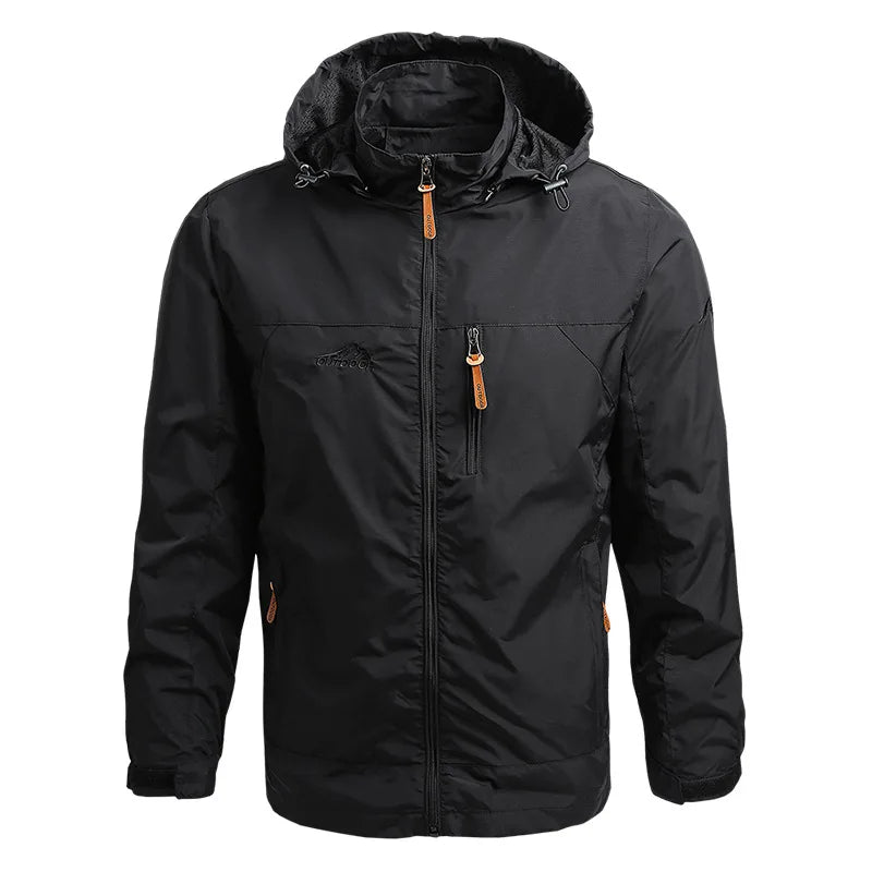 Men’s Waterproof Hooded Windbreaker Jacket with Zip Front Design