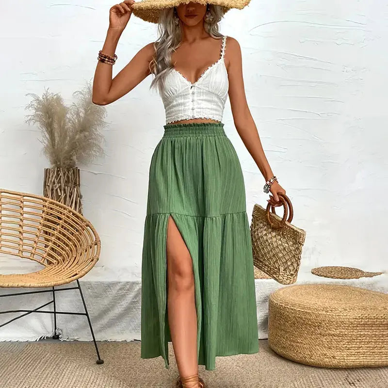 Women's High Waist A-Line Midi Skirt with Side Slit and Ruffle Hem