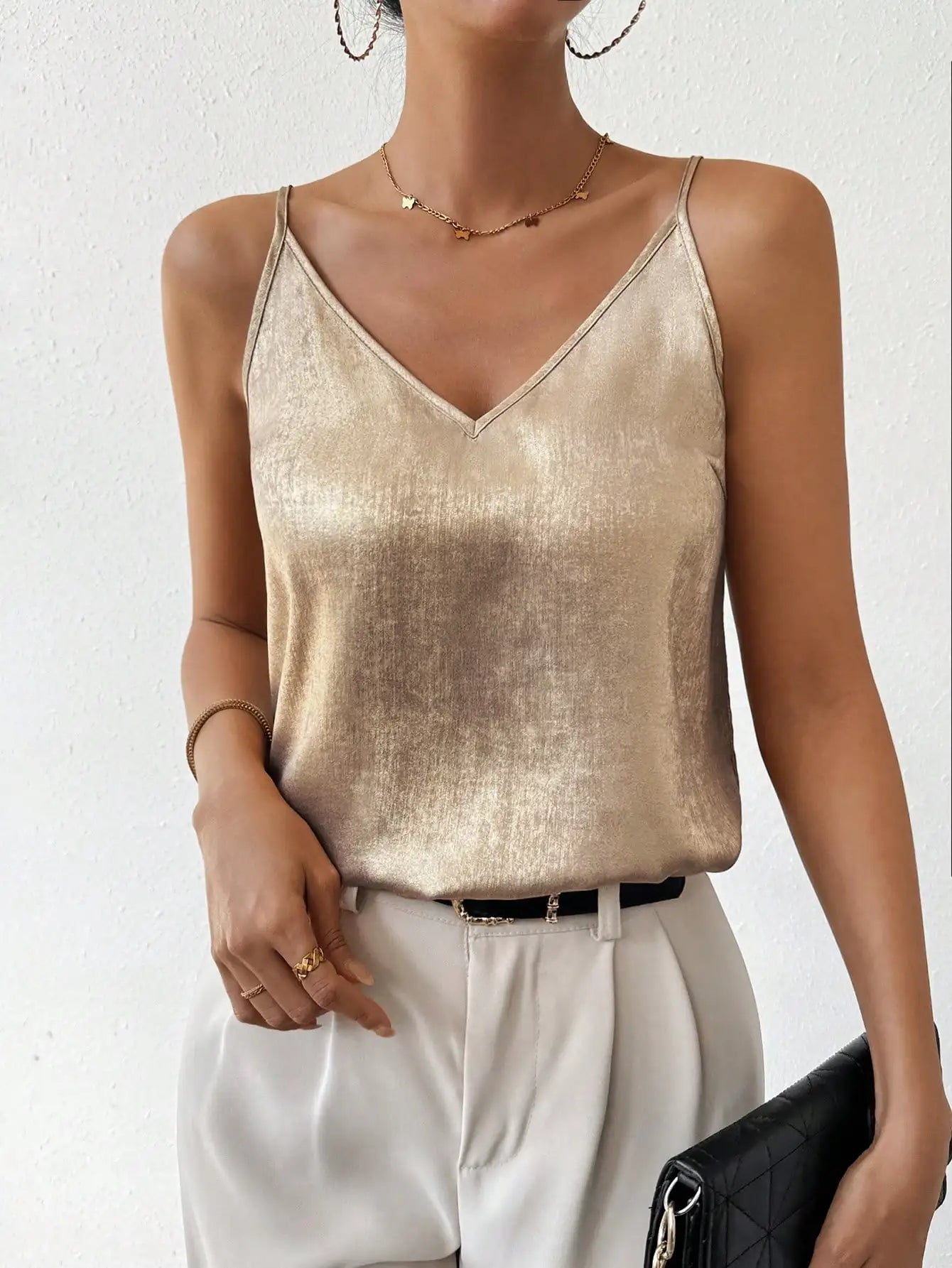 Women's Metallic V-Neck Cami Top with Spaghetti Straps