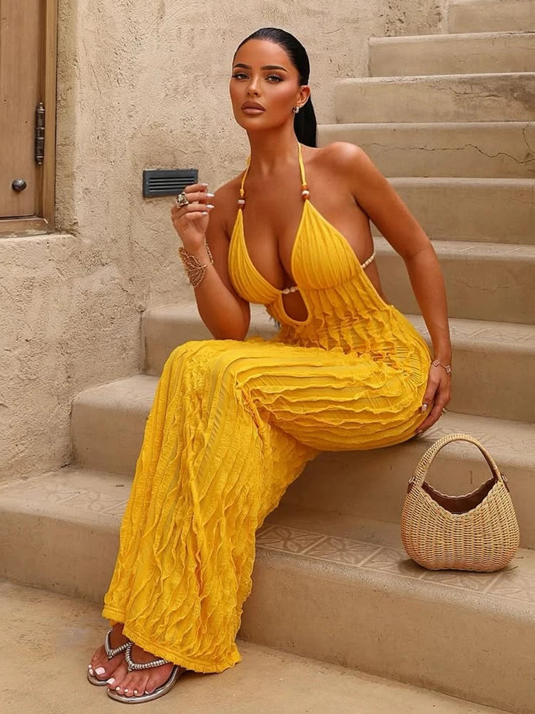 Women's Halter Backless Maxi Dress with Beaded Detail and Ruched Texture