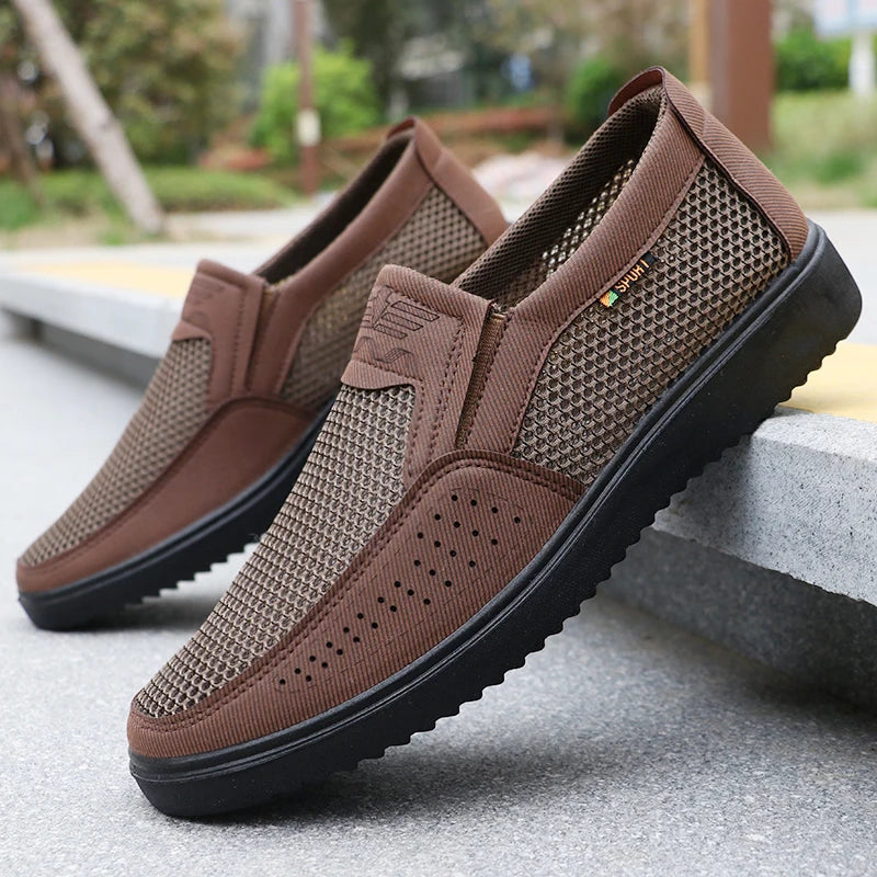 Men's Slip-On Mesh Loafers with Textured Sole and Elastic Insets