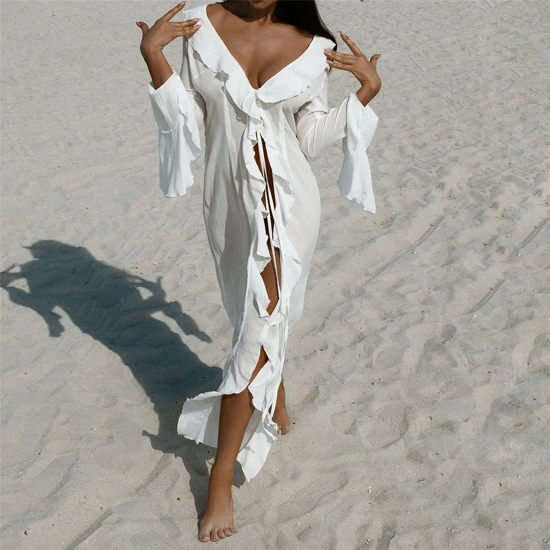 Women's Ruffled Long Sleeve V-Neck Beach Cover Up Maxi Dress