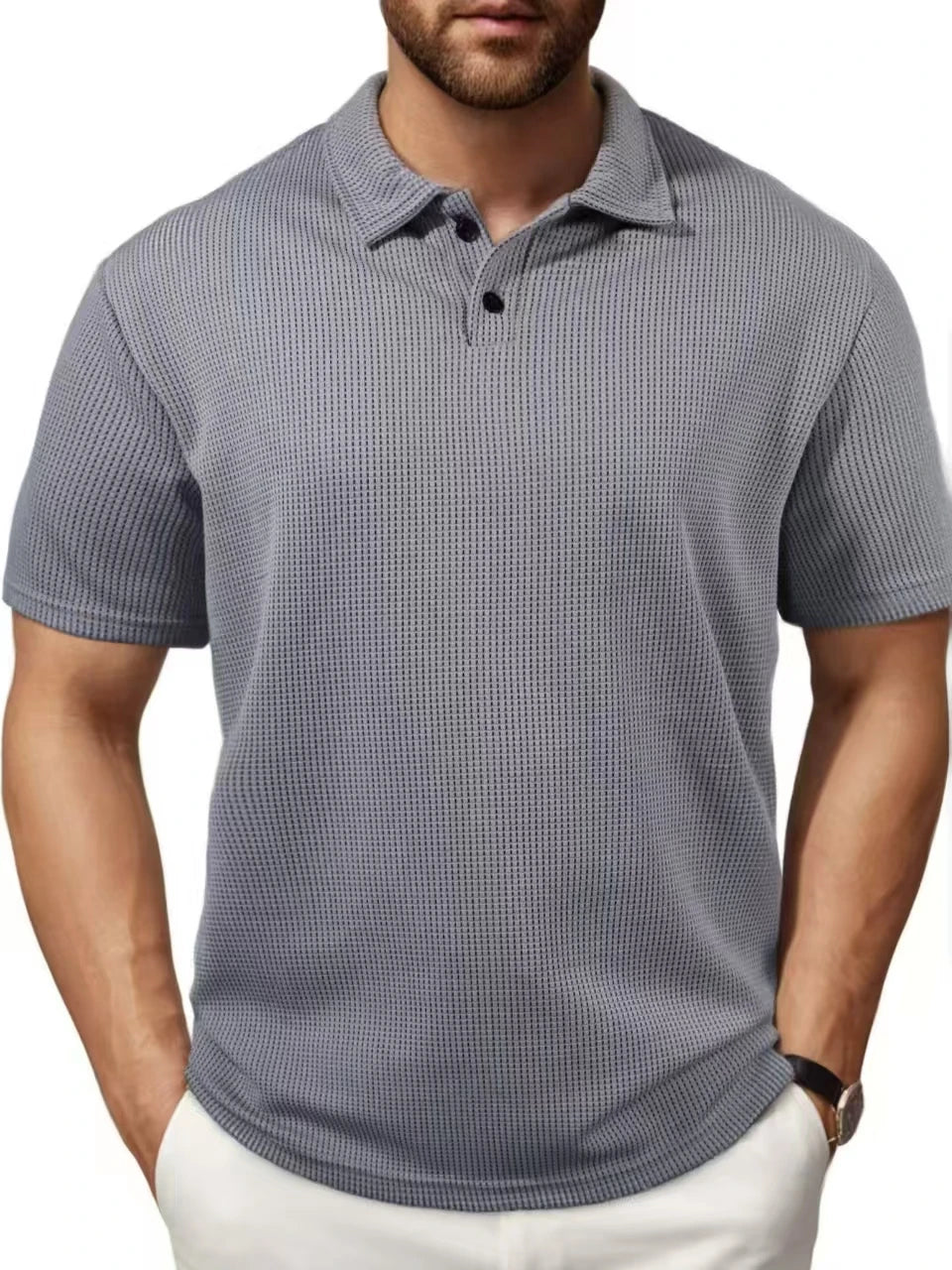 Men's Short-Sleeve Knit Polo Shirt with Breathable Textured Design