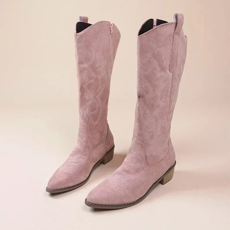 Women's Knee High Cowboy Boots with Embroidered Design and Thick Heel