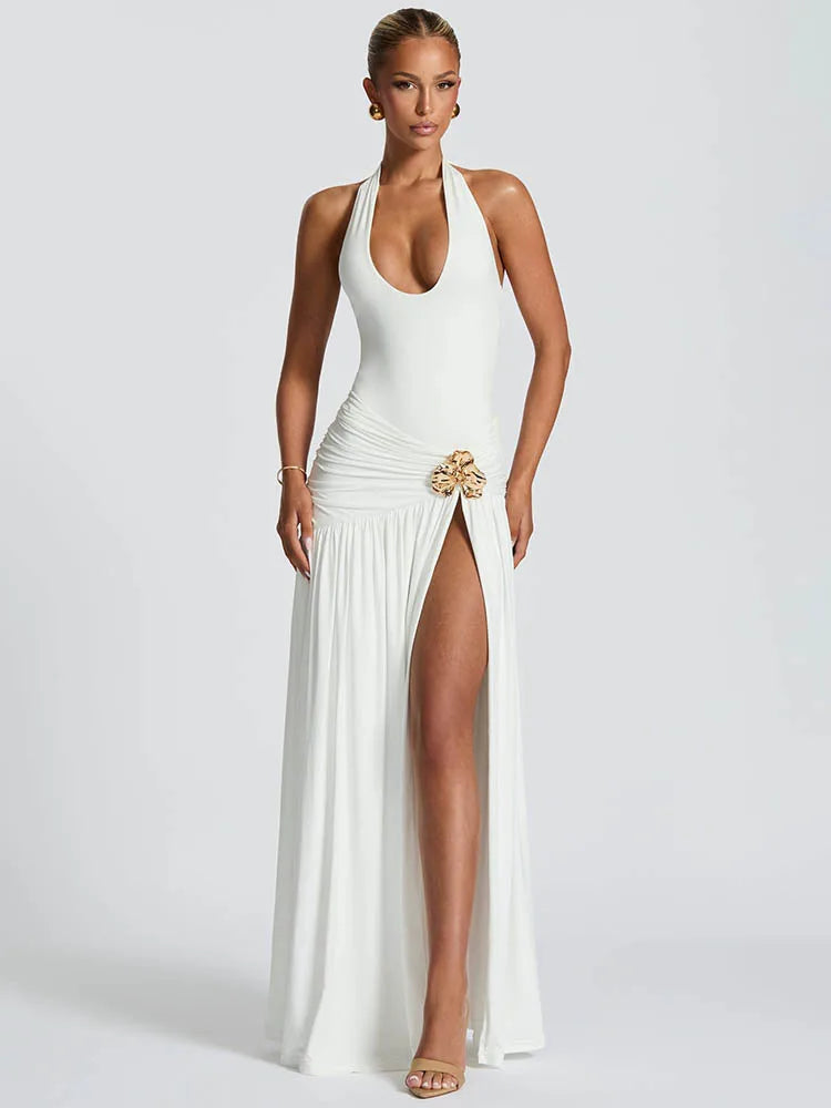 Women's Halter Maxi Dress Set with High Slit and Ruched Waist