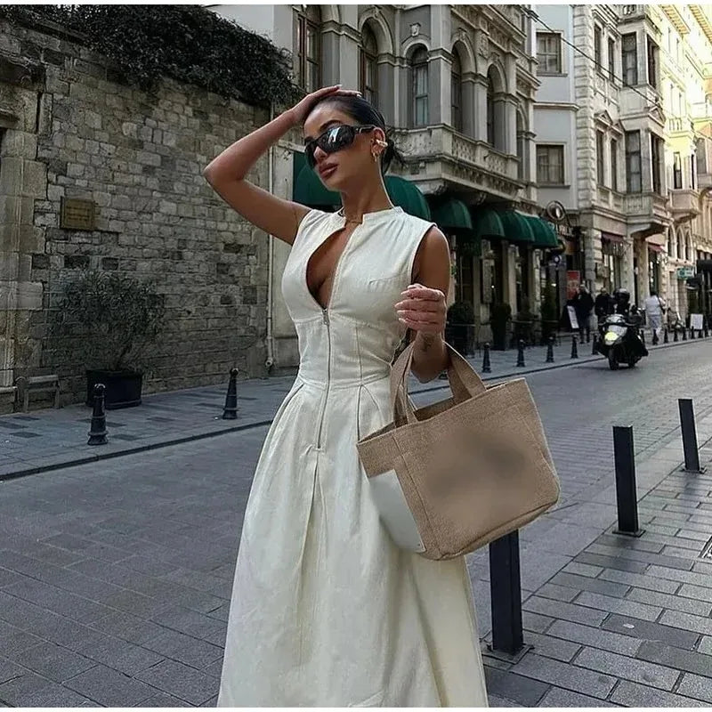 Women's Sleeveless Zip-Front Maxi Dress with Pleated Skirt Design