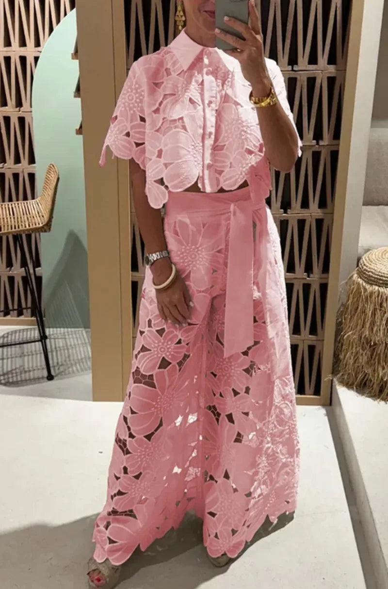 Women's Two Piece Set with Floral Cutout Shirt and Wide Leg Pants