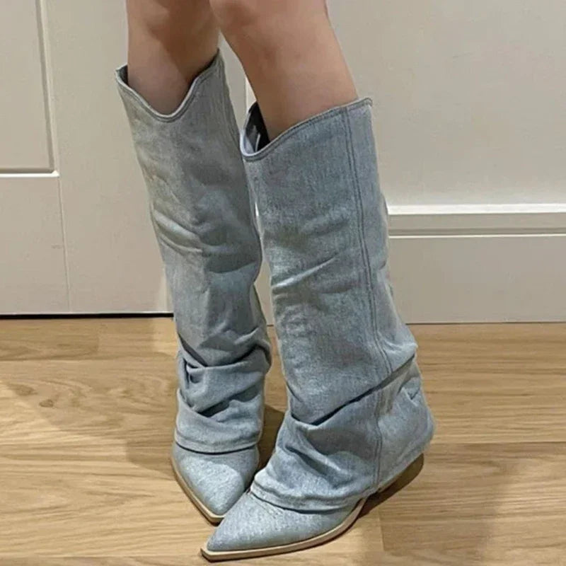 Women's Knee High Boots Pleated Western Pointed Toe Heeled