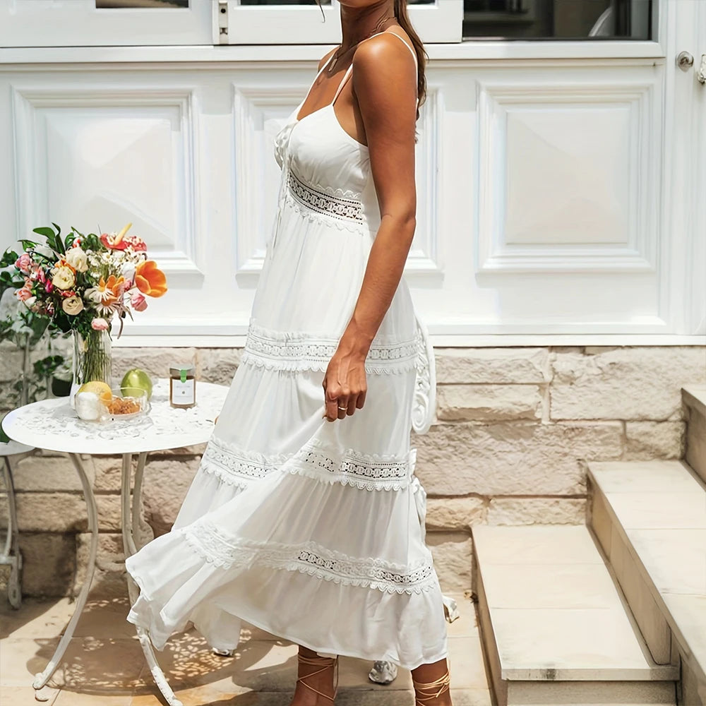 Women's Tiered Lace Maxi Dress with Spaghetti Straps and Bow Detail