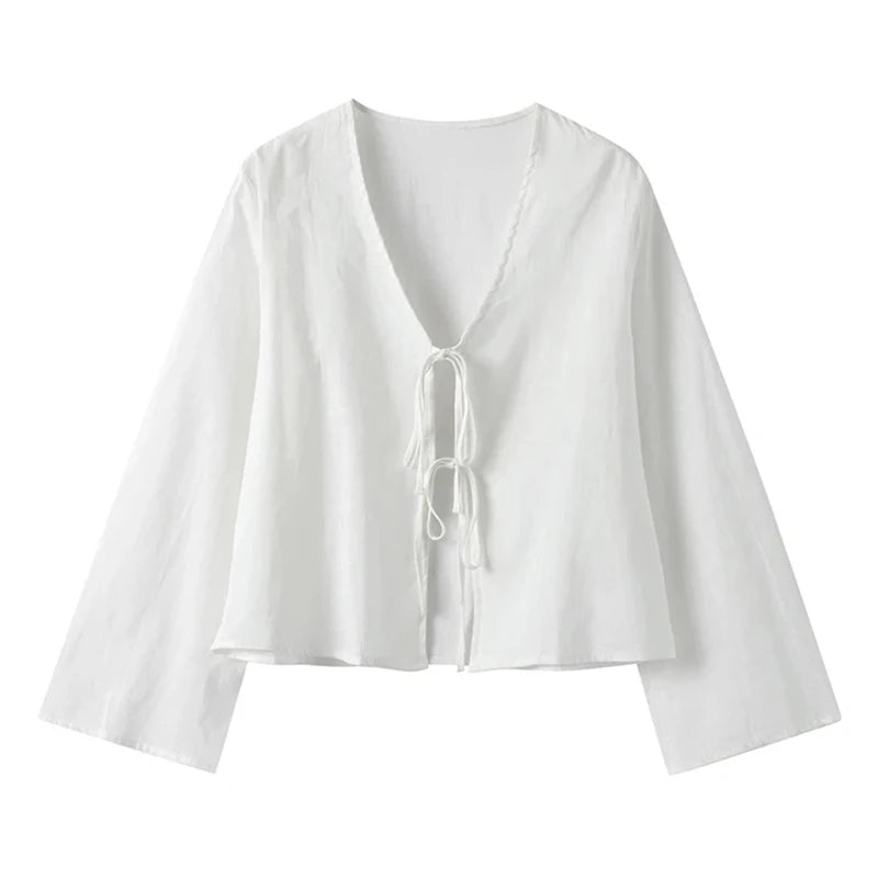 Women's Lace-Up V Neck Long Sleeve Top with Loose Fit and Tie Front