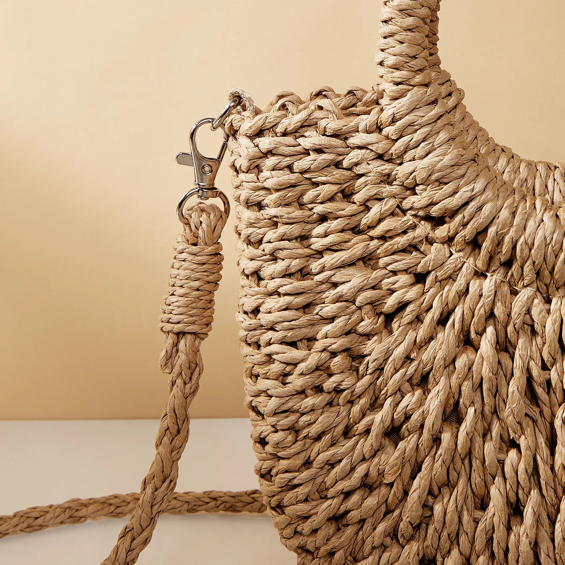 Women's Straw Crossbody Bag with Half-Moon Shape and Top Handles