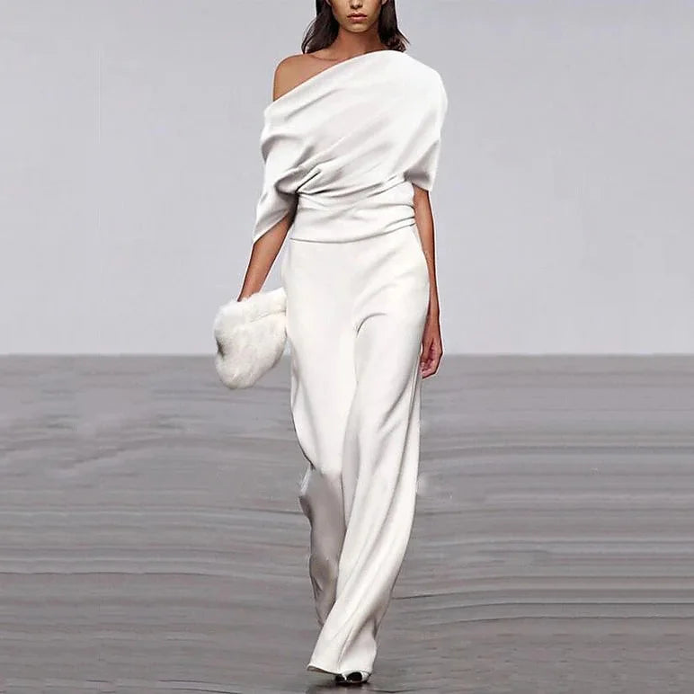 Women’s Off-Shoulder Elegant Jumpsuit with Draped Top and Wide Legs