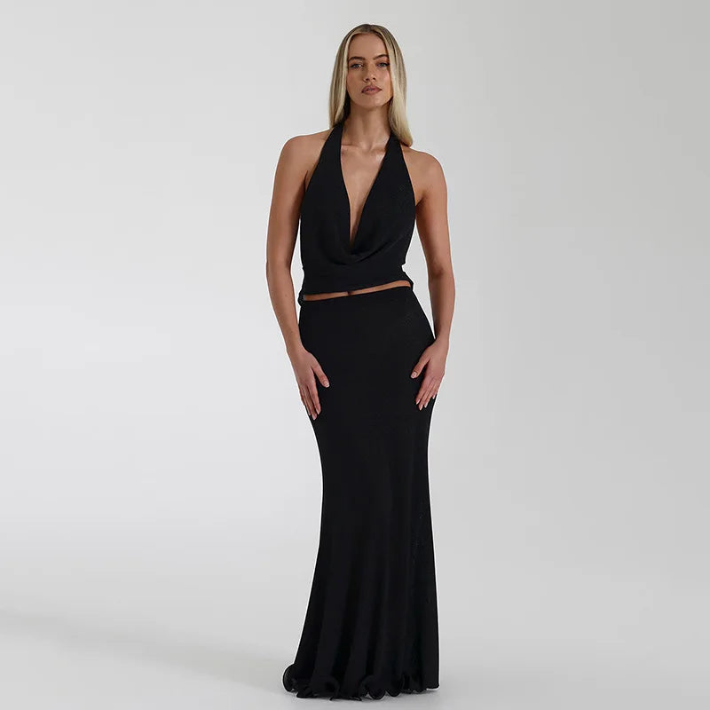 Women's Backless Halter Maxi Dress with Cowl Neck and Slim Fit