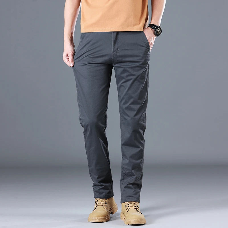 Men's Cotton Work Trousers Slim Fit Straight Leg Business Casual Wear