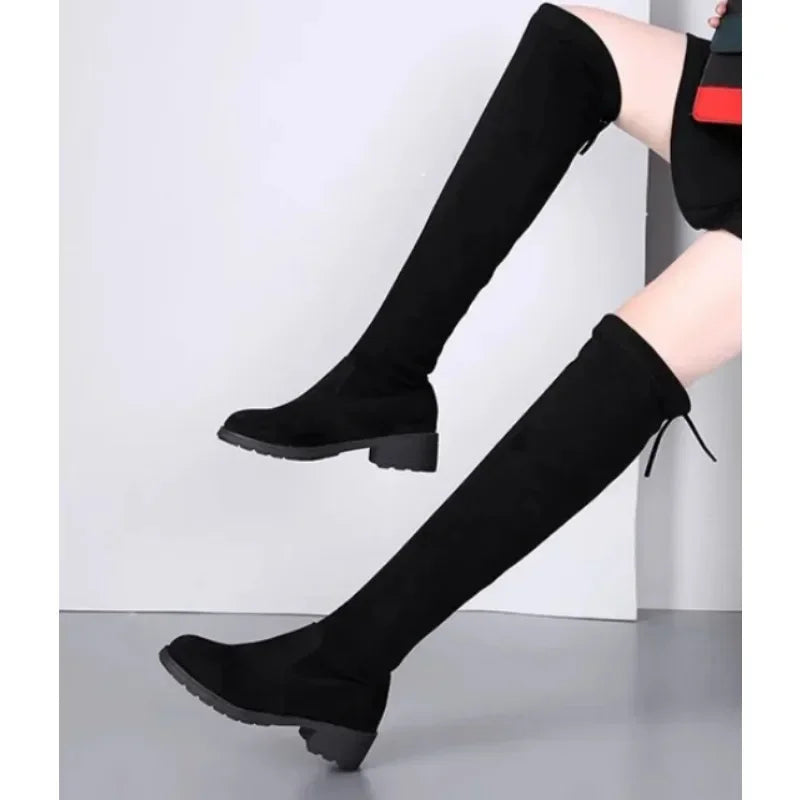Women's Black Over The Knee Lace-Up Boots with Chunky High Heels
