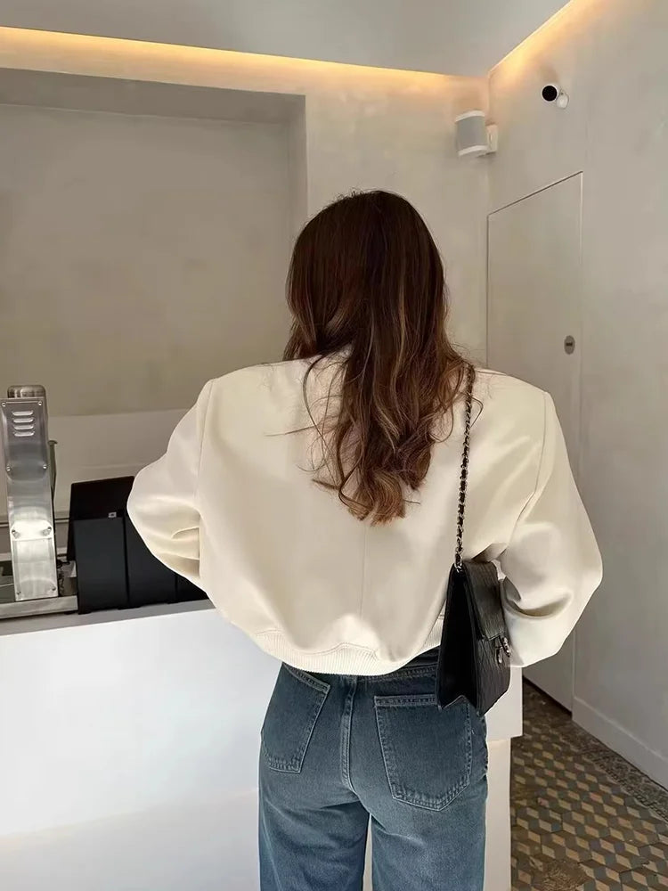 Women's Casual Bomber Jacket with Front Buttons and Flap Pockets