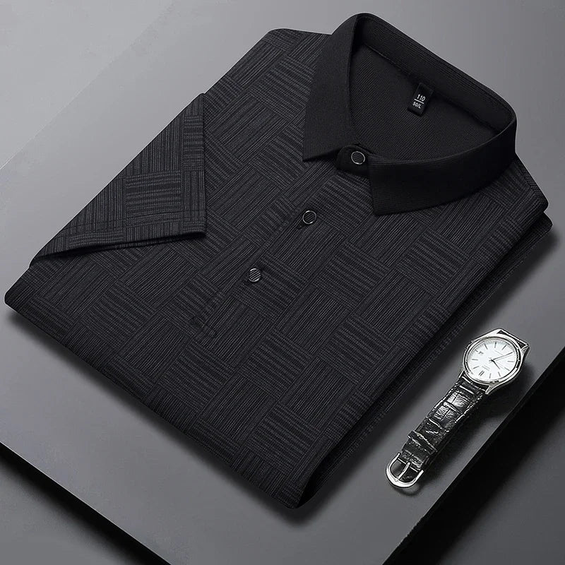 Men's Short Sleeve Polo Shirt with Geometric Print and Classic Collar