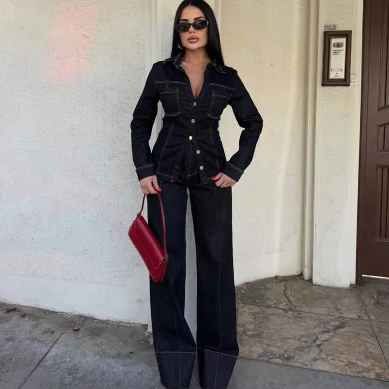 Women's Black Denim 2 Piece Set with Long Sleeve Shirt and Flare Pants