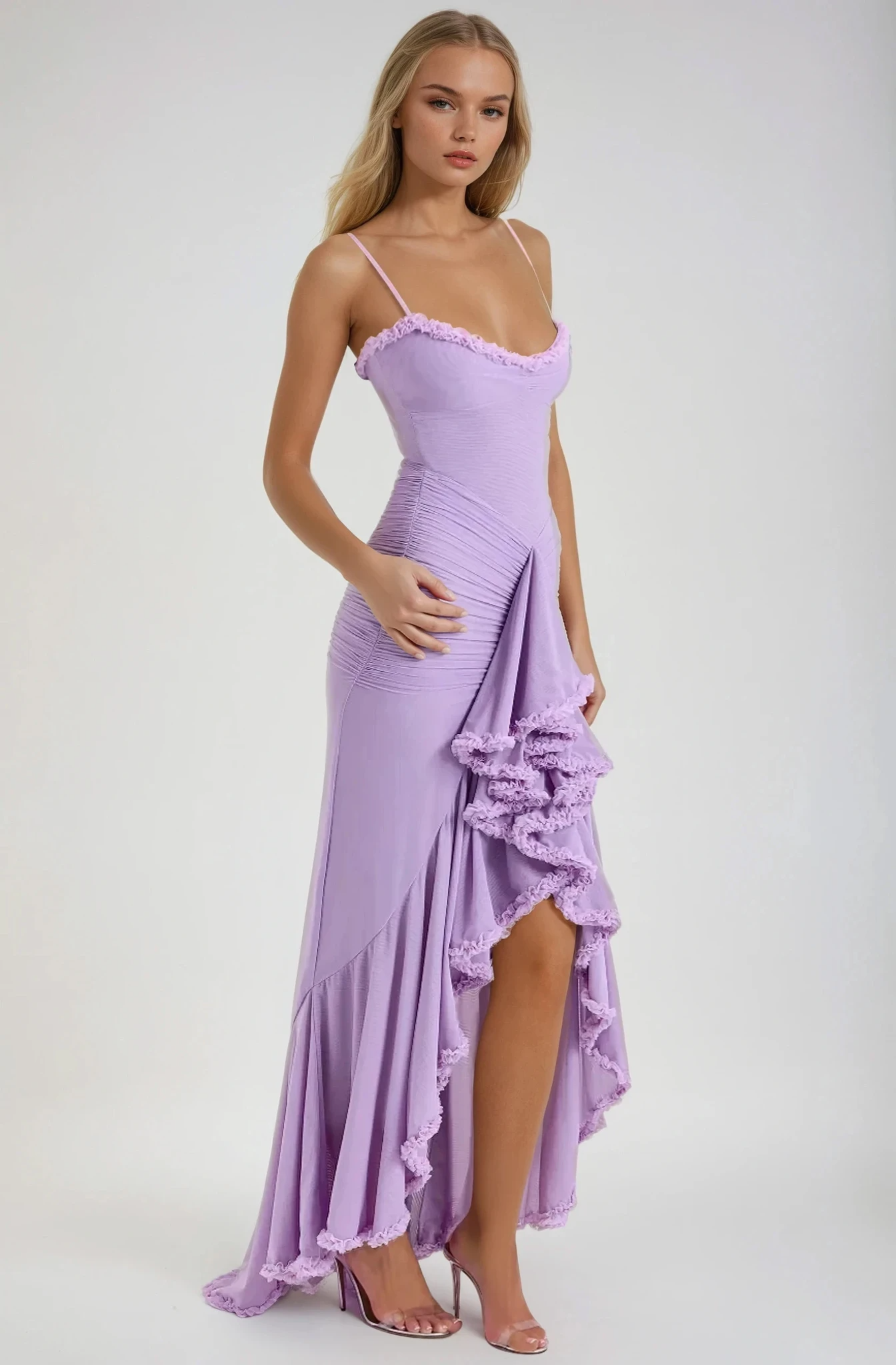 Women's Ruffle Maxi Dress with Spaghetti Straps and Ruched Waist