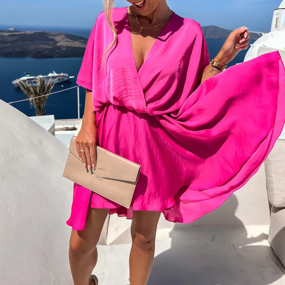 Women's V-Neck Flowy Mini Dress with Short Sleeves and High Waist