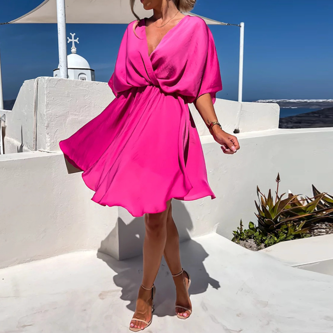 Women's V-Neck Flowy Mini Dress with Short Sleeves and High Waist