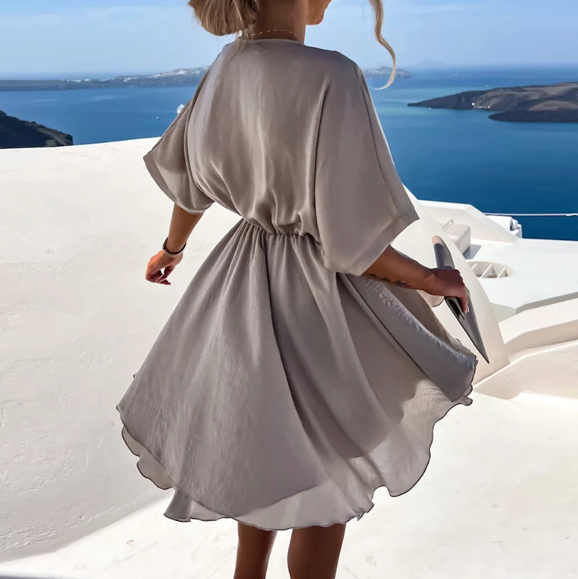 Women's V-Neck Flowy Mini Dress with Short Sleeves and High Waist
