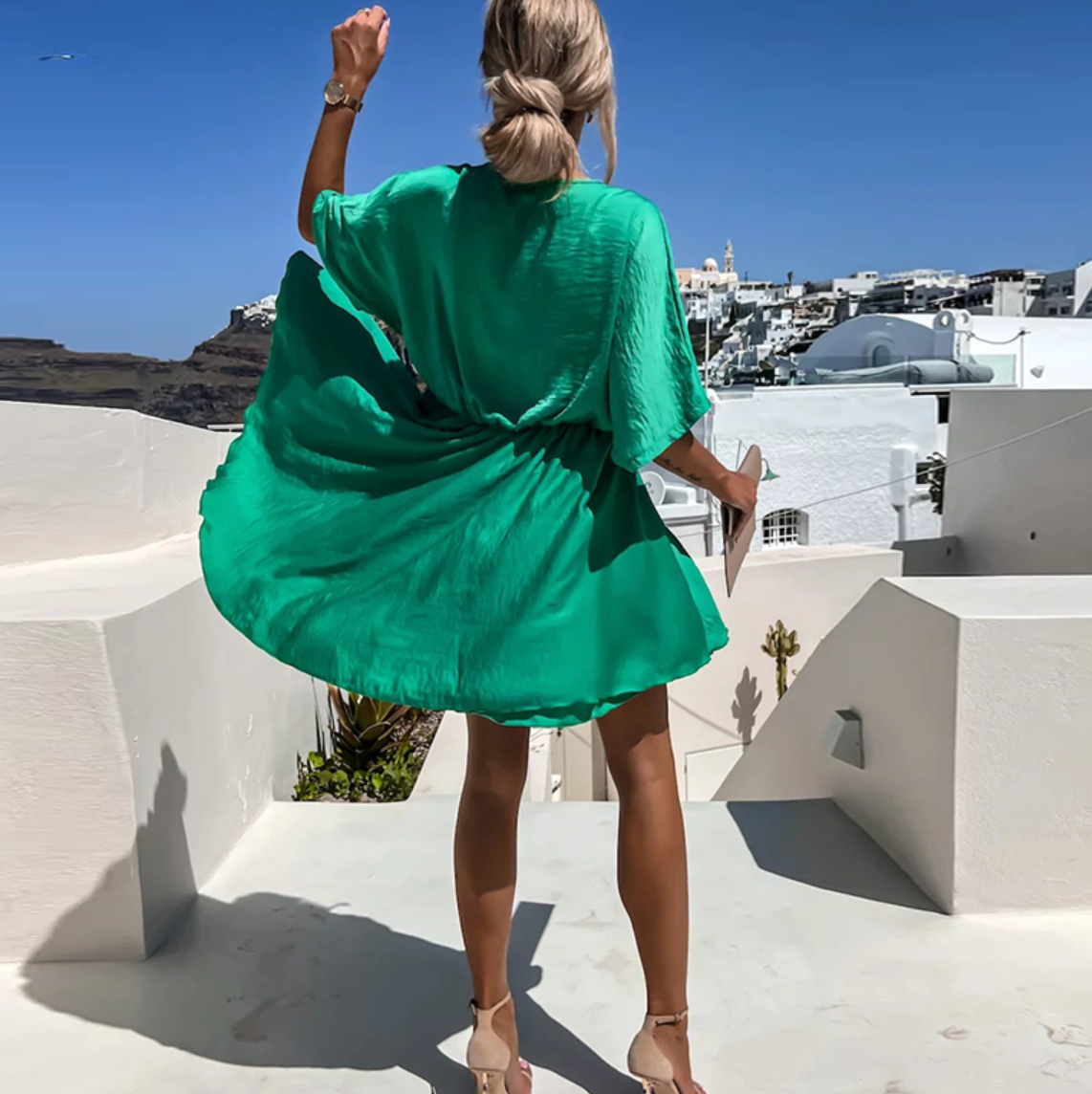 Women's Draped V-Neck Mini Dress with Flowing Short Sleeves