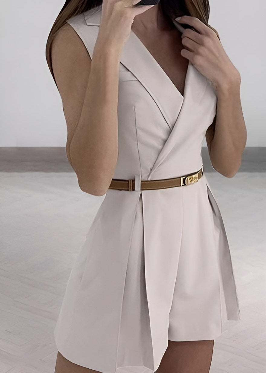 Women's Sleeveless Belted Romper with Wrap Front and Pleats