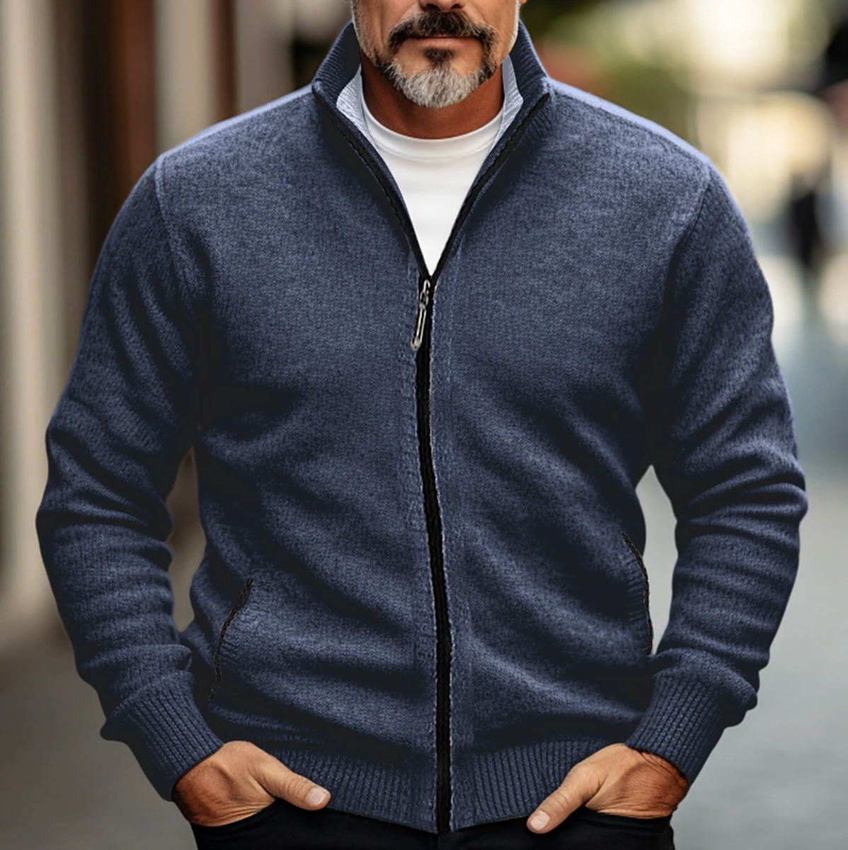 Men's Zip-Up Cardigan with High Collar and Soft Knit Finish