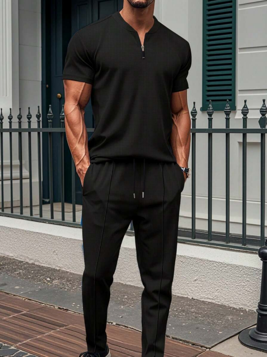 Men’s Two Piece Zip Neck Top and Drawstring Pants Set with Tapered Fit