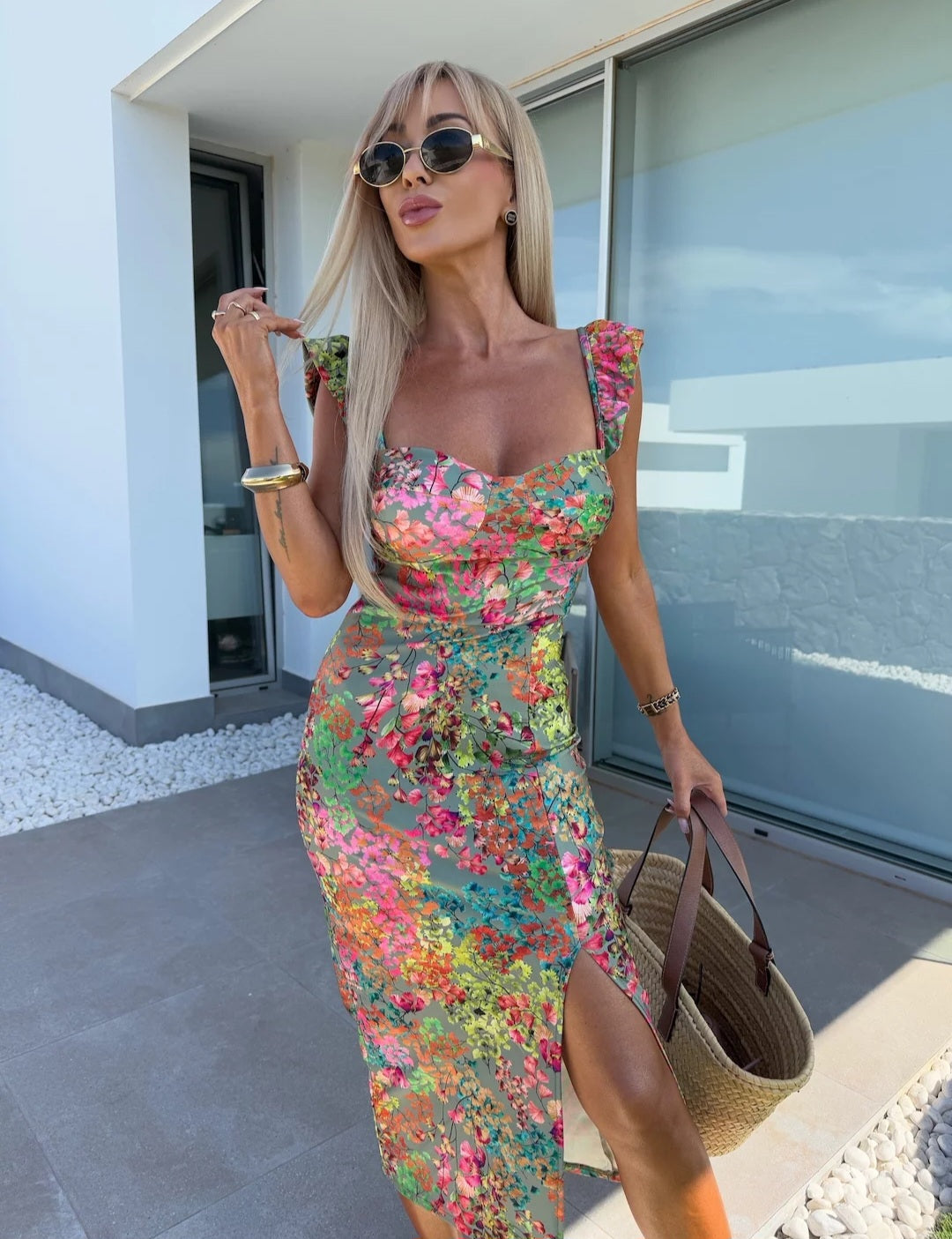 Women's Sleeveless Midi Dress with Side Slit and Ruched Waist