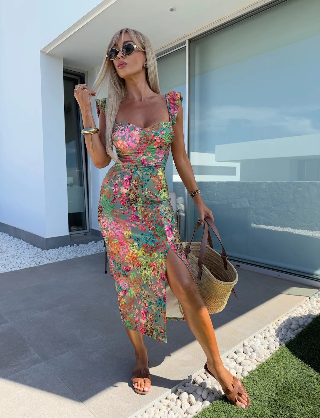 Women's Sleeveless Midi Dress with Side Slit and Ruched Waist