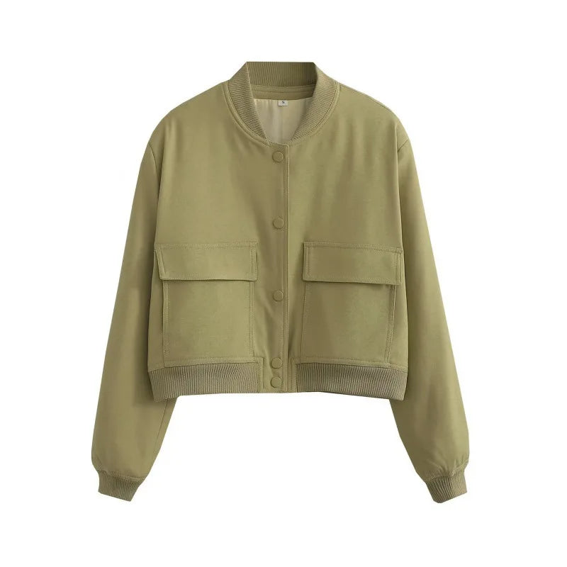 Women's Casual Bomber Jacket with Front Buttons and Flap Pockets