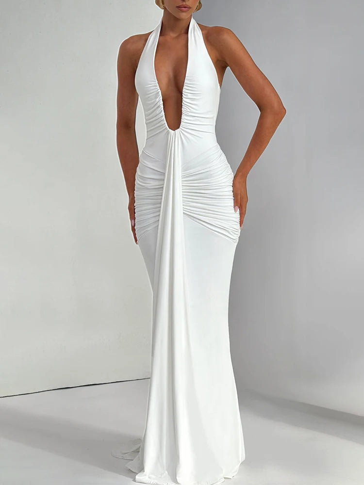 Women's Halter Maxi Dress with Deep V Neck and Draped Ruched Waist