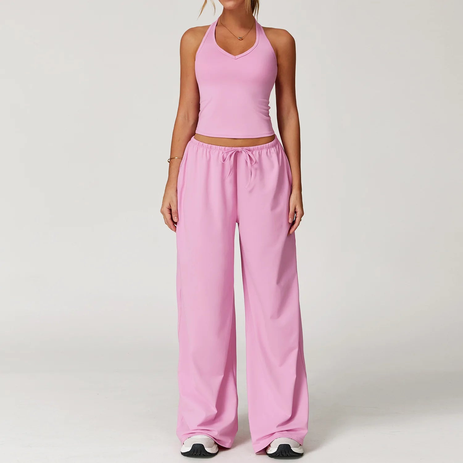 Women’s Two-Piece Lounge Set with Racerback Crop Top and Wide-Leg Pants