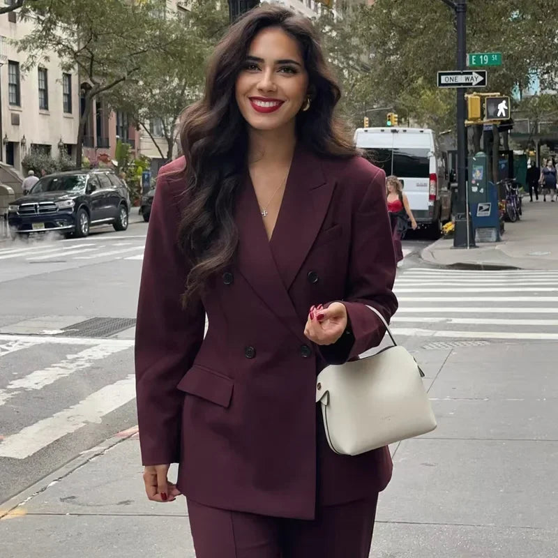 Women's Burgundy Double-Breasted Blazer Jacket with Lapel Collar