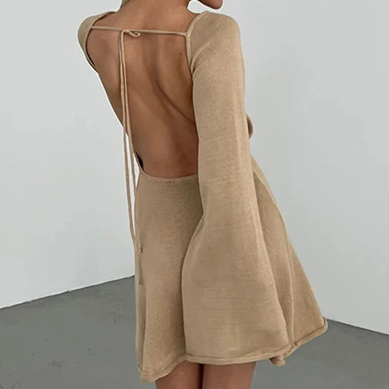 Women's Backless Knit Mini Dress with Bell Sleeves and Tie Back