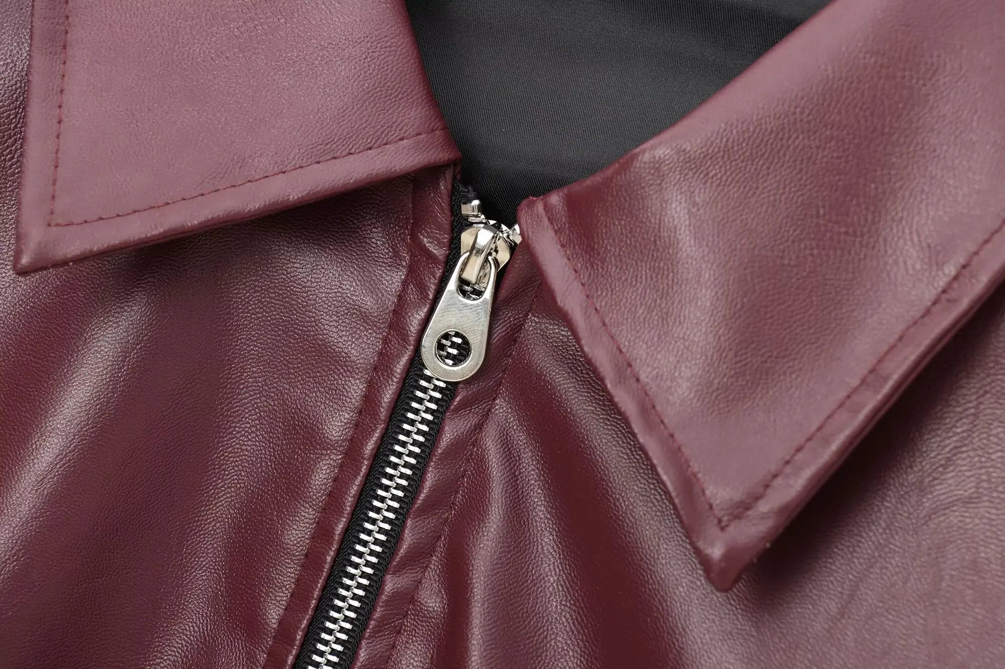 Women's Leather Jacket with Zipper Front and Classic Lapel Collar