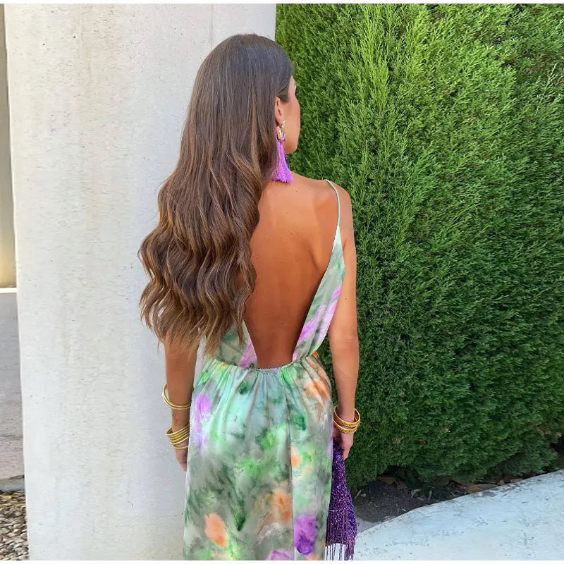 Women's Sleeveless Maxi Dress with Printed Scarf and Halo Pattern