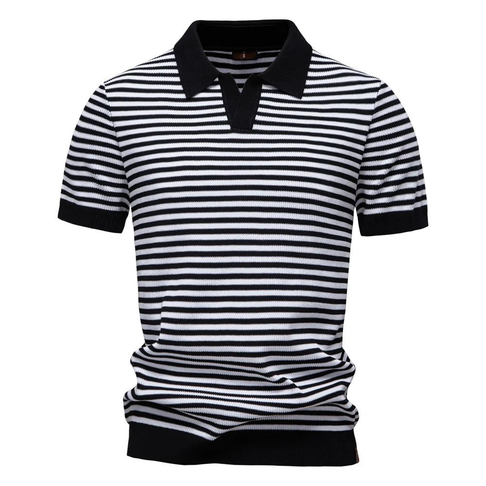 Men's Short Sleeve Striped Polo Shirt with Contrast Knit Design