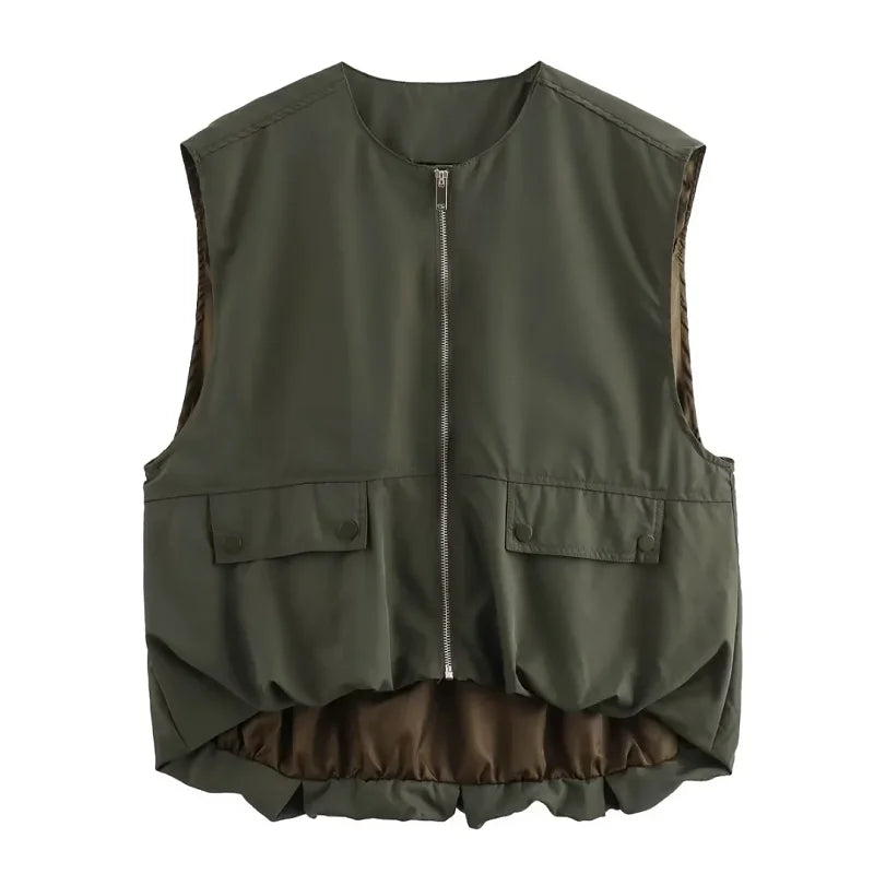 Women's Sleeveless Zip-Up Vest Jacket with Pleated Hem