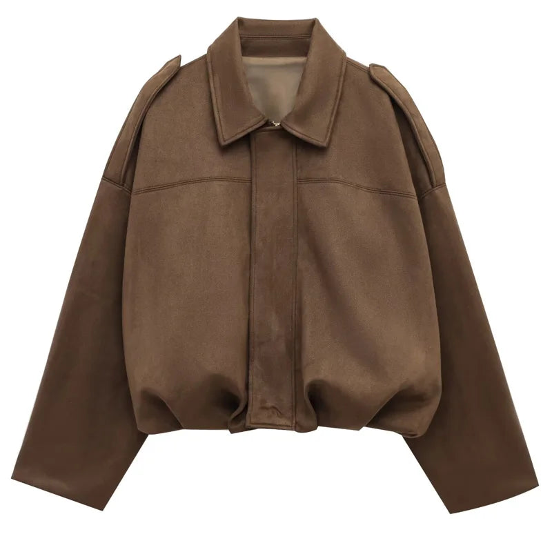 Women's Cropped Bomber Jacket with Lapel Collar and Zip Front