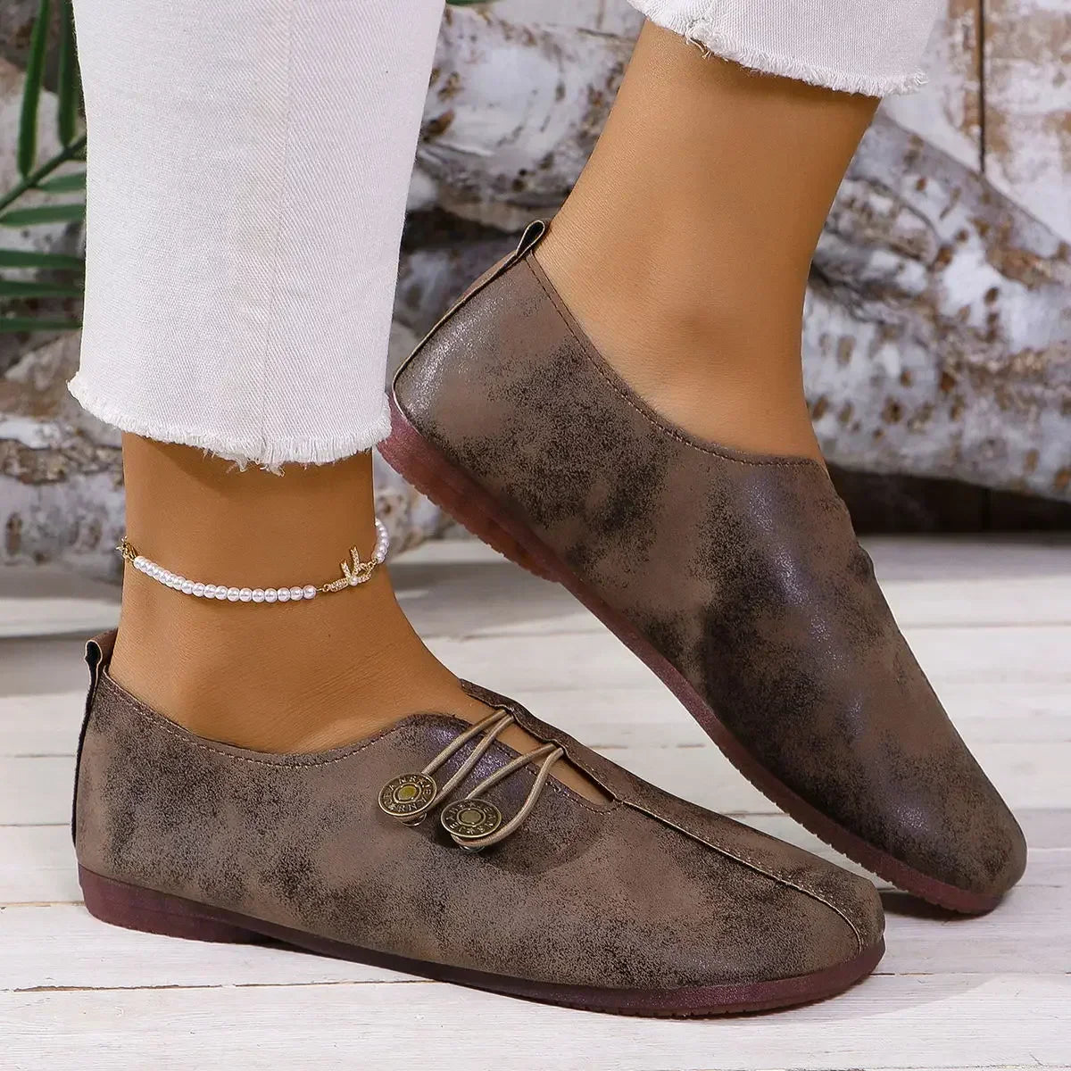 Women's Suede Shoes with Elastic Front and Vintage Button Accents