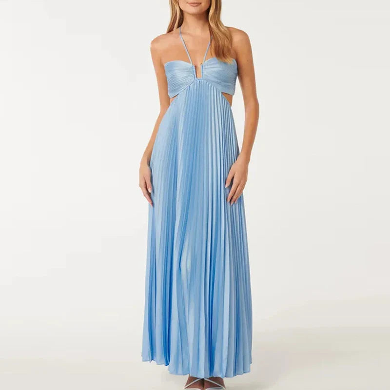 Women's Pleated Maxi Dress with Cut-Out Waist and Spaghetti Straps