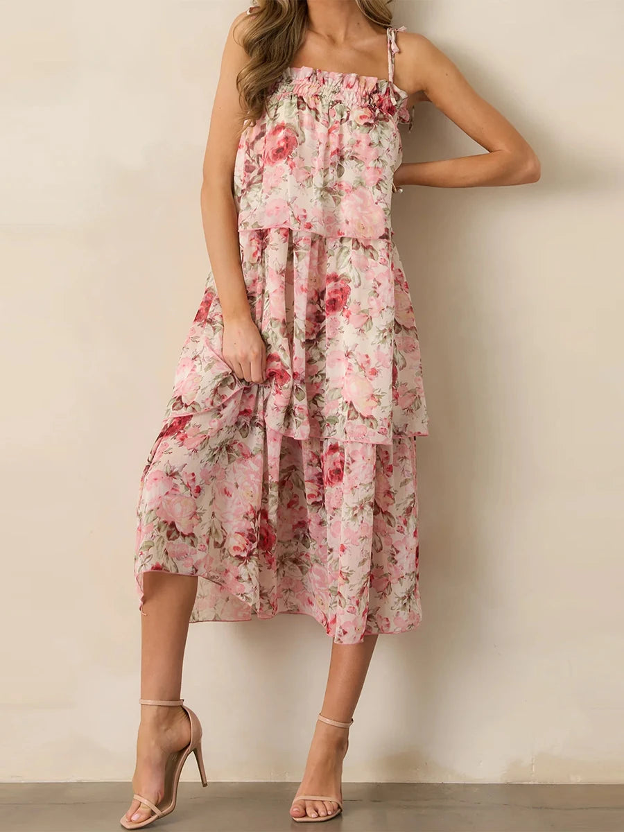 Women's Floral Sleeveless Midi Dress with Tiered Ruffle Hem